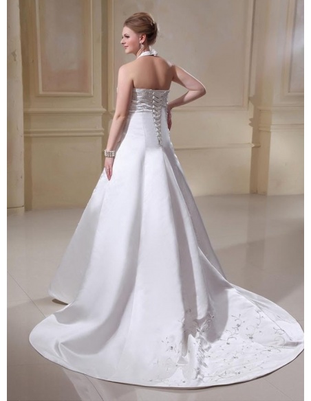 A Line Halter Chapel Train Satin Square Neck Wedding Dress 3952