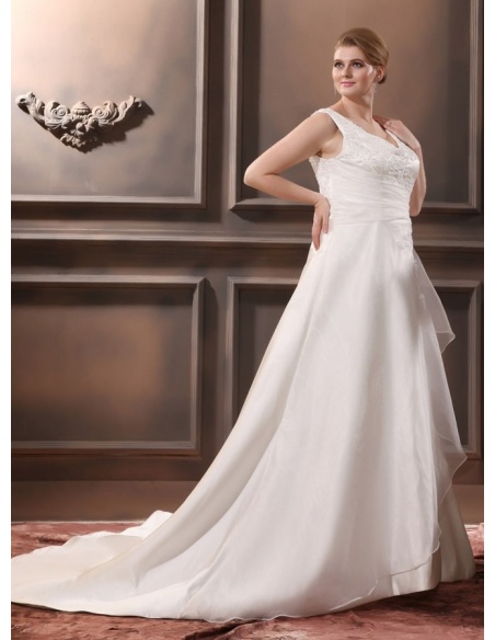 A Line V Neck Chapel Train Satin Organza Wedding Dress 