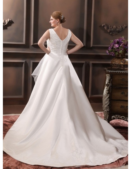 A Line V Neck Chapel Train Satin Organza Wedding Dress 7560