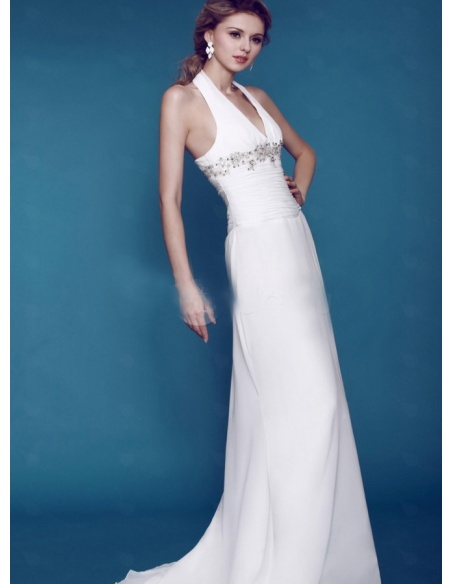 Empire Waist V Neck Halter Chapel Train Chiffon Wedding Dress 0324