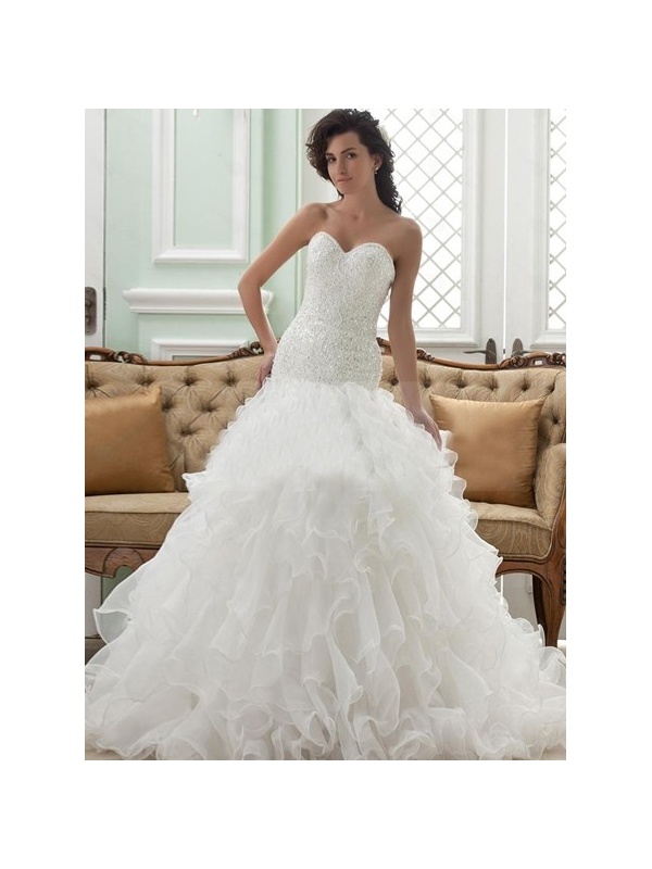 A Line Sweetheart Chapel Train Organza Satin Wedding Dress 1287