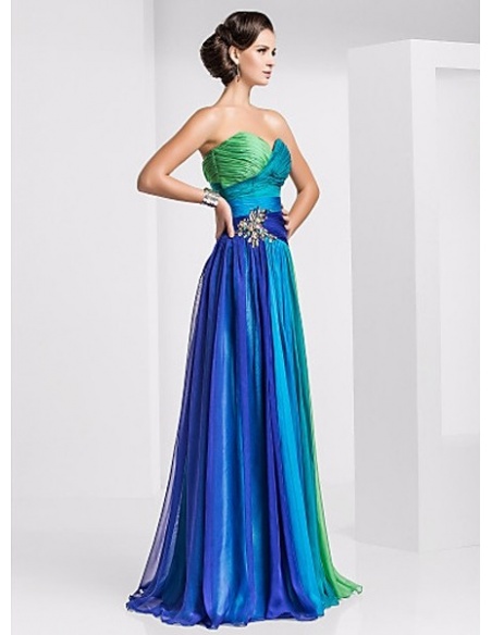 Longue robe de gala en chiffon color block tonalité de bleu et de vert