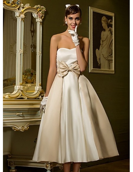 A-line Empire waist Ankle length Satin Sweetheart Wedding dress