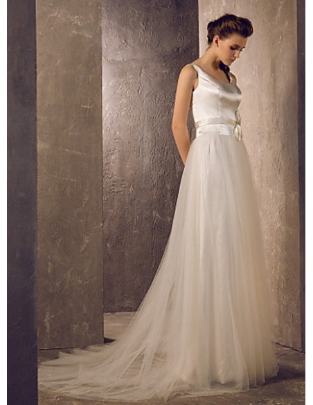 A Line Chapel Train Stretch Satin Tulle Low Roundscooped Neck Wedding Dress 