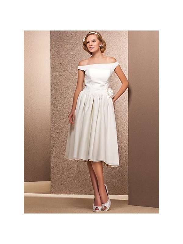 A line Off The Shoulder Tea Length Chiffon Wedding Dress