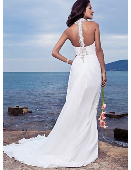 Sheath Halter Chapel Train Chiffon Wedding Dress 