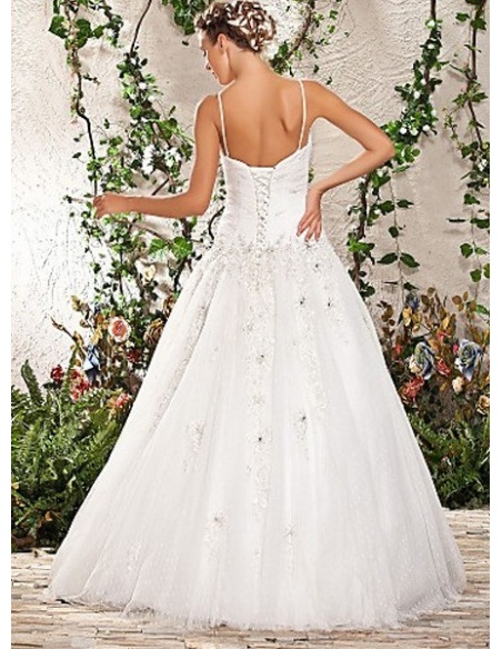 A Line Spaghetti Straps Floor Length Tulle Wedding Dress 4657