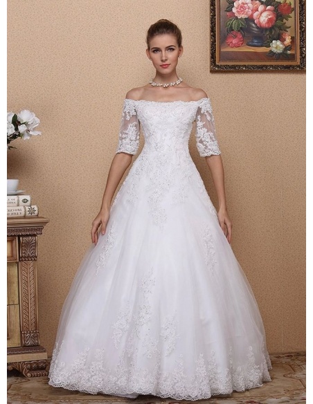 A-line Ball gown Floor length Lace Tulle Off the shoulder Wedding dress