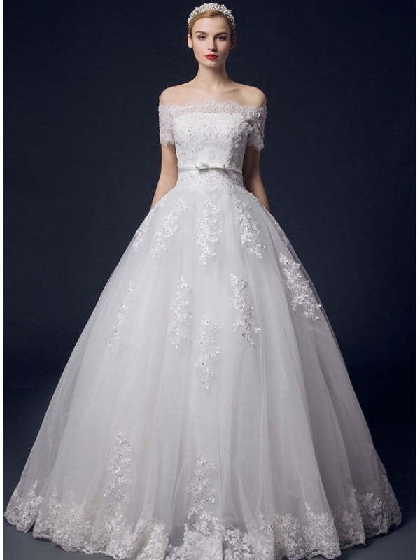 A line Off The Shoulder Empire Waist Chapel Train Tulle Wedding Dress