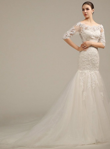 Mermaid Off The Shoulder Chapel Train Tulle Wedding Dress 