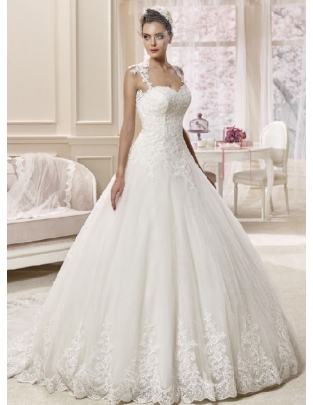 Sparkly White Tulle Lace A-line Sweetheart Sweep Train Wedding Dresses,  MW613