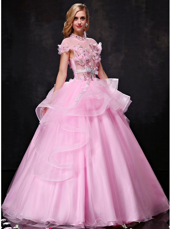 A-line Ball gown Floor length Tulle High round/Slash neck Wedding dress