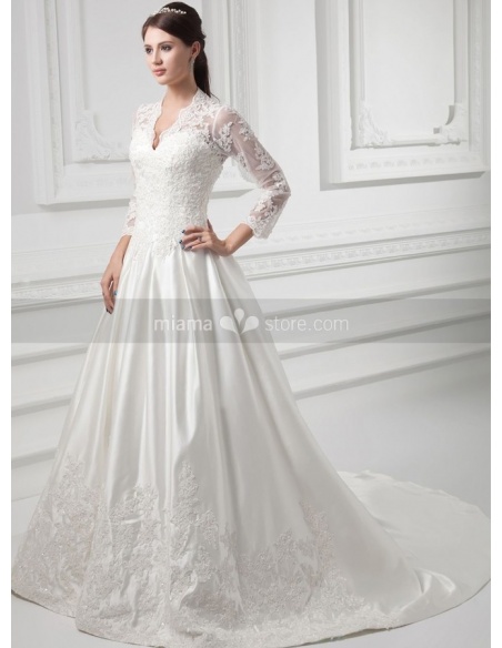 A Line V Neck Chapel Train Satin Wedding Dress 