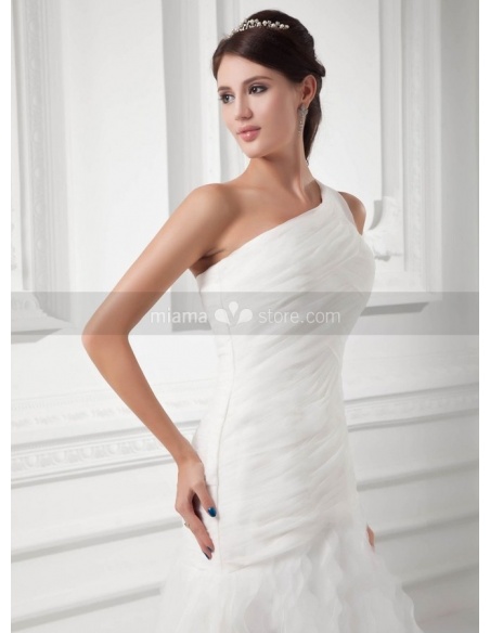 A Line Chapel Train Organza One Shoulder Wedding Dress 3470