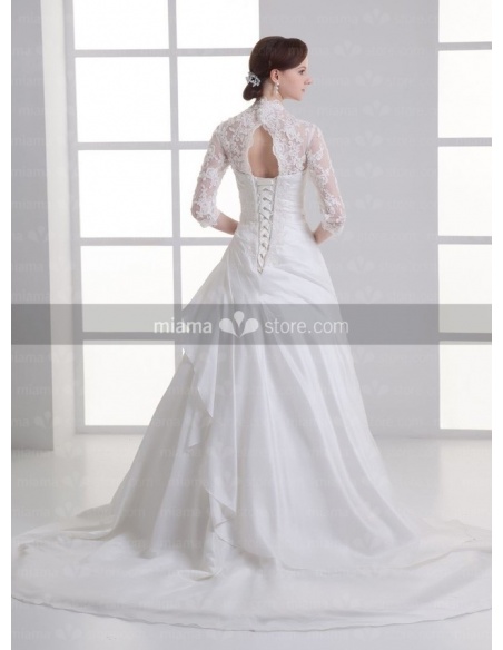 A Line V Neck Chapel Train Satin Wedding Dress 9426